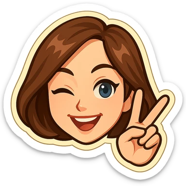 Create a head of a girl in the classic Telegram sticker style with cute facial features, resembling Samsung Sam, pale skin, only the head without the neck, on a white background. The girl is smiling, winking (one eye open, the other closed), and showing a V (peace) sign with her fingers. Pure cartoon style suitable for a Telegram bot profile. sticker