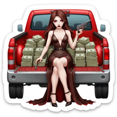 Lilith symbol red eye seductress evil long brown haired sexy succubus woman with leather long dress with slit on, sitting in Big Large F350 pickup truck. Platform long high heels on feet. Back seat full of stacks of cash, she is  Holding a man dead human skull of her enemies and a gun in other hand sticker