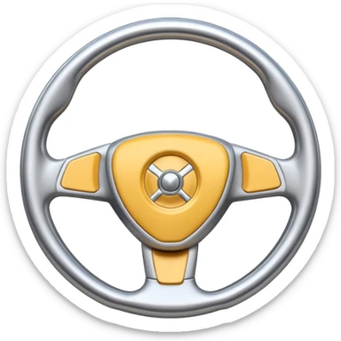 A futuristic steering wheel emoji made of silver chrome, minimal geometric design, smooth metallic surface, soft reflections, iOS emoji style, centered, clean white background sticker