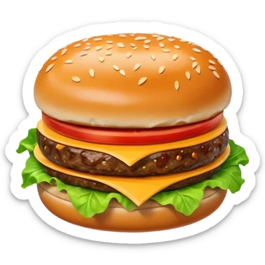 A classic single patty hamburger emoji,, glossy and colorful. Soft rounded bun with sesame seeds, one beef patty, fresh lettuce, tomato slice, melted cheese, realistic but cartoonish look, clean white background sticker