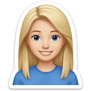 young woman with straight hair with a blue shirt sticker