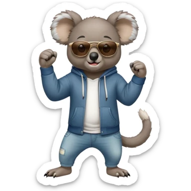 anthropomorphised koala, full body, wearing a hoodie and jeans, dark sunglasses, shaking fist in a different pose sticker