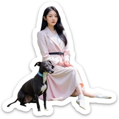 A beautiful 25-year-old Chinese woman with long black hair and a pure dark grey Italian Greyhound with absolutely NO white markings anywhere on its body sitting under a cherry blossom tree. The dog must be completely solid dark grey with no white on muzzle, paws, or chest. sticker