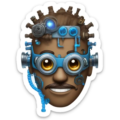 Brown cyborg head with blue Mohawk, blue beard, silver steampunk monocle goggles a smile and circuits sticker