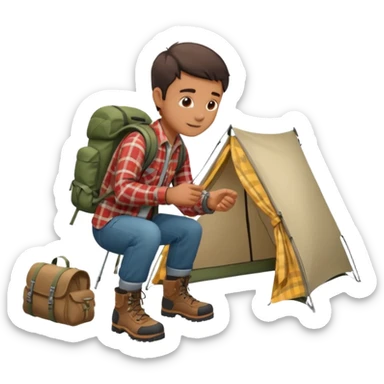 A man wearing a flannel shirt and backpack, setting up a tent with focused hands sticker