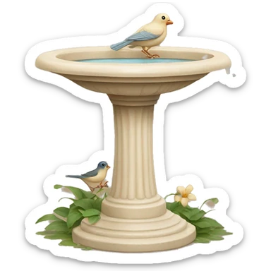 Vintage beige bird bath with a small bird in courtyard  sticker