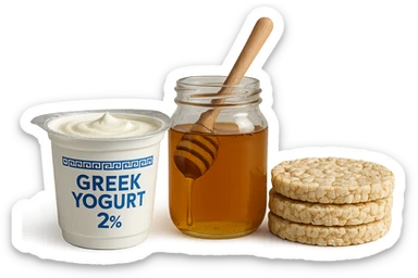 Yogurt Greco 2%
Miele
Gallette di Riso
vista frontale, iperrealistico 4k sticker