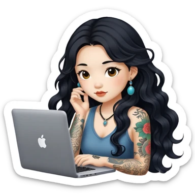 beautiful girl, with tattoos, with long black hair, wavy hair, chinese, with laptop sticker