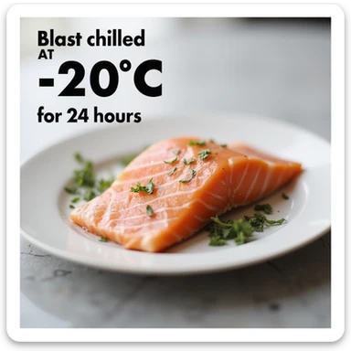 realistic 4K infographic style image of raw salmon on a plate with an icon or label indicating 'blast chilled at -20°C for 24 hours' sticker
