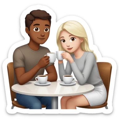 A couple simple on a table, looking at each other. Brown skin guy, and white skin girl. And there is cup of coffee in front of each person. sticker