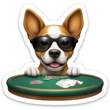 Dog playing poker at poker table, wearing shades, holding 2 cards sticker