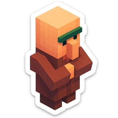 Minecraft villager, 3D blocky voxel style, brown robe, large nose, classic Minecraft look sticker