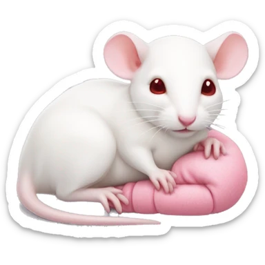 Realistic white rat with small ears, bright red small eyes and baby pink tail in wrapped around body and baby pink paws in sleeping position neutral face eyes open body is lying down curled up sticker