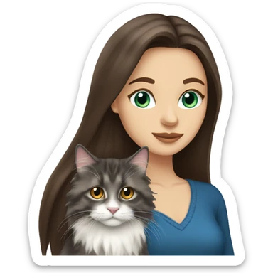 long straight haired blue eyed brunette woman holding norwegian forest cat with amber eyes sticker