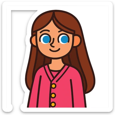 cute girl with long brown hair and blue eyes, wearing a pink cardigan with buttons sticker