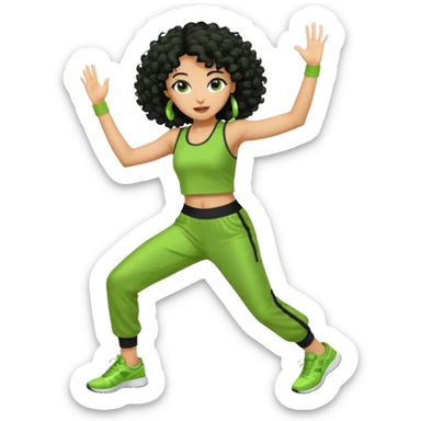 a woman with olive skin tone and curly black hair wearing green and dancing. full body, disco pose. running outfit sticker