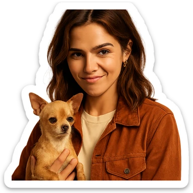 portrait centered of a woman inspired by the face of Zoe Deutch, tanned skin, subtle freckles, rebellious and playful expression, medium-length brown hair with auburn highlights, shirt color #FFF8CA, rust-colored jacket, holding a beige-brown chihuahua, transparent background, Netflix series style sticker