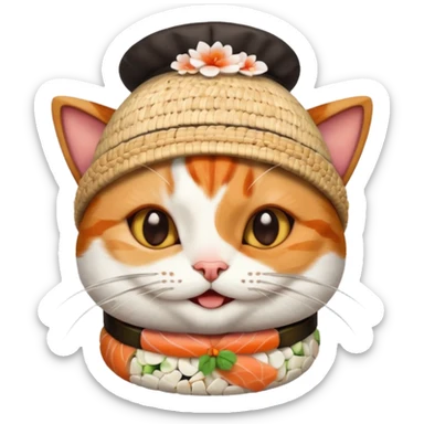 happy cat wearing a hat made out of sushi pieces sticker