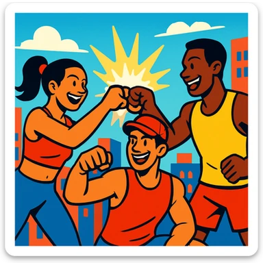 Three athletic friends, mid-fist bump, glowing energy effects, urban cartoon style, bold and vibrant color palette, energetic fitness mood. sticker