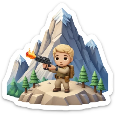 Little character holding a toy gun aiming at a mountain with tiny figures on it sticker