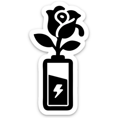 Battery shaped like a rose flower with wilting petals and low power indicator sticker