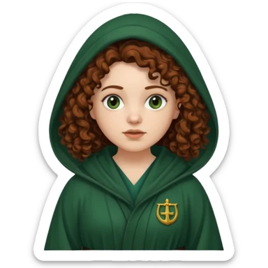 A white woman with a chubby face, with long dark auburn hair, cloaked and hooded like she's a Traitor in the tv show 'The Traitors'. her hair is frizzy curly, not with defined curls, and the robe is a very dark green/almost black color sticker