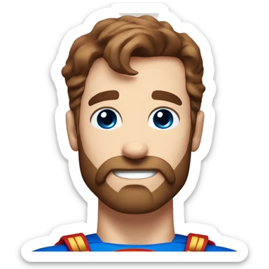 White superman, redish hair, blue eyes, redish brownish facial hair, very handsome, scruffy beard, flying, with a blue goat sticker