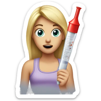 girl scared looking at a huge syringe sticker