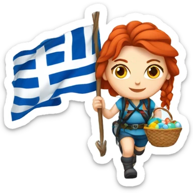 Female winter mountaineer red hair white skin climbing with Greek Flag and Easter eggs basket sticker