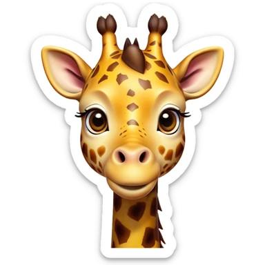 Cinematic Cute Giraffe Portrait Emoji, Head tilted playfully and inquisitively, featuring a glossy, patterned Fur of warm yellows and browns with delicate white spots, round, sparkling eyes filled with curious wonder, Simplified yet irresistibly adorable features, highly detailed, glowing with a warm, friendly glow, high shine, affectionate and gentle, stylized with a touch of savannah whimsy, bright and endearing, soft glowing outline, capturing the essence of a mischievous yet loving giraffe, so playful it feels like it could gallop out of the screen and into your arms! sticker