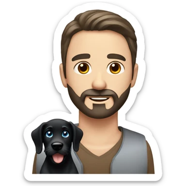 man with dark hair blue eyes beard and mustache holding black Labrador  sticker