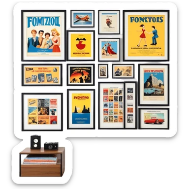 Icon for Photograph and Poster Collecting: a collection of photographs and movie posters, neatly displayed on a wall or in frames. The icon should evoke the nostalgia and artistic value of collecting rare images and posters. Transparent background. sticker