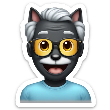 A black cat with a mouse in his mouth with a man smiling softly with grey hair no beard rectangular glasses in a sky blue shirt  sticker