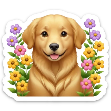 A Golden Retriever sitting in a blooming flower garden, sunlight highlighting its shiny golden fur. Gentle expression, realistic photography, warm color tones. sticker