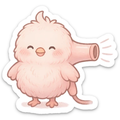 chibi style soft fluffy bird as a hair dryer, blowing gentle air, happy face, soft pink, full-body sticker