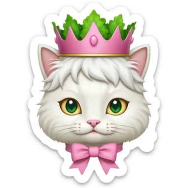 white cat with pink bow on neck and green lettuce crown, emoji style sticker