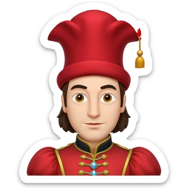 lord farquad avec un chapeau rouge plat sur le dessus, il a un vêtement rouge avec des manches bouffantes sticker