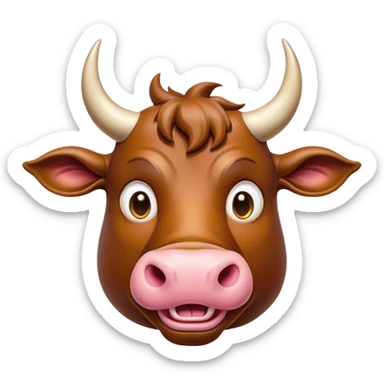 Cinematic Comical Domestic Bull Portrait Emoji, Head tilted dramatically with an exaggeratedly amused expression, featuring a striking, glossy coat with boldly defined horns and wide, expressive eyes brimming with playful disbelief, Simplified yet hilariously expressive features, highly detailed, glowing with a slightly sassy, earthy glow, high shine, dramatic yet playful, stylized with an air of cheeky rural mischief, soft glowing outline, capturing the essence of a spirited and over-the-top domestic bull that looks ready to charge its way into internet fame instantly! sticker
