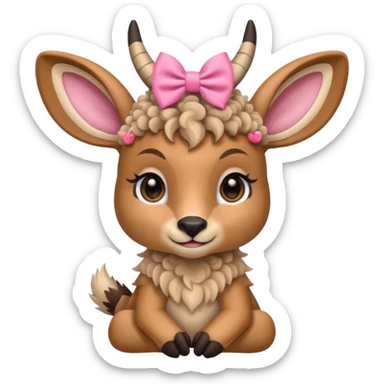 cute gazzelle with curly fur, sitting down, wearing a pink bow on its head. Realistically  sticker