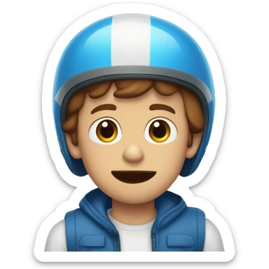 stupid boy with big blue eyes buck teeth and brown hair under his blue bicycle helmet sticker