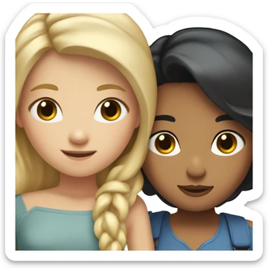 A girl with short blond hair and blue eyes hugs a girl with long dark hair and brown eyes sticker