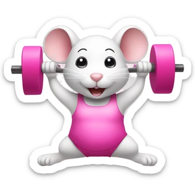 Cute white mouse doing pilates with pink weights sticker