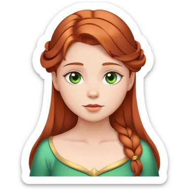 Cinematic Serene Sleeping Beauty Portrait Emoji, rendered in a simplified vector style. Depict a gentle Aurora (chest and above) with fair, glowing skin and softly cascading auburn hair, her expression calm and reflective, dressed in her timeless attire. The image exudes a soft, warm radiance with high shine and a subtle glowing outline. sticker