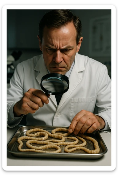 A middle-aged male kinesiologist wearing a pristine white lab coat, intensely analyzing long, beige tapeworms (like Taenia) under a magnifying glass. His expression is focused and slightly concerned, with dramatic studio lighting casting sharp shadows. The parasites are highly detailed, moist, and textured, stretched across a sterile metal tray. The background is blurred but suggests a clinical environment—hints of a microscope, medical charts, and clean lab equipment. The style is hyper-realistic, with a cinematic contrast between the bright white coat and the grotesque, organic forms of the parasites. No sci-fi elements, just raw medical realism with a disturbing edge sticker
