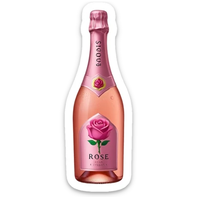 bottle of sparkling rosé with a rose logo on the label, angled to the left, no glass sticker