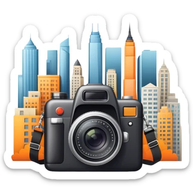 Icon for Urban Tourism: city skyline with iconic buildings, a camera and a backpack. The icon should represent the exploration of urban destinations, with elements like streets, landmarks, and vibrant city life. Transparent background. sticker