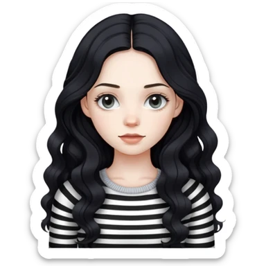 a girl that has pale skin but not too pale, long (a little wavy) black hair, wearing knit long sleeve top with black and white stripes sticker