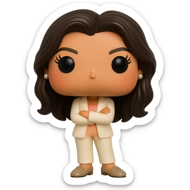 Create a Funko Pop style vinyl figure of Eva Longoria with luminous smooth tanned skin, extremely detailed dark hair, hyper-textured cream blazer, peach top, cream bottoms, small pearly earrings, greige leather loafers clearly visible, arms crossed, rosy cheeks, very discreet freckles, eyelashes, mischievous and cheerful expression, no mouth, transparent background. sticker