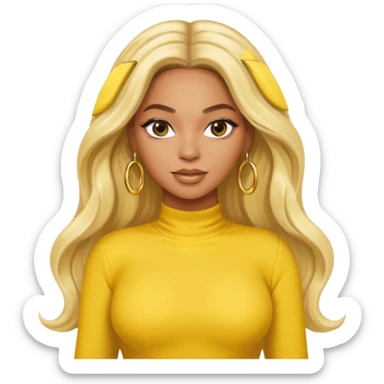 Beyonce with platinum blonde long hair, yellow outfit and earring sticker