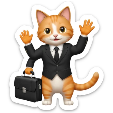 happy cat wearing a tie and carrying a briefcase, waving sticker